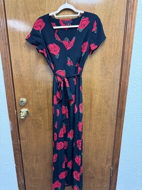 Sanctuary Black Maxi Dress with Red Rose Print and Waist Tie